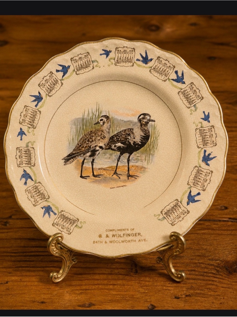 Advertising Calendar Plate C.B. Willfinger 24th & Woolworth Game Birds Vintage